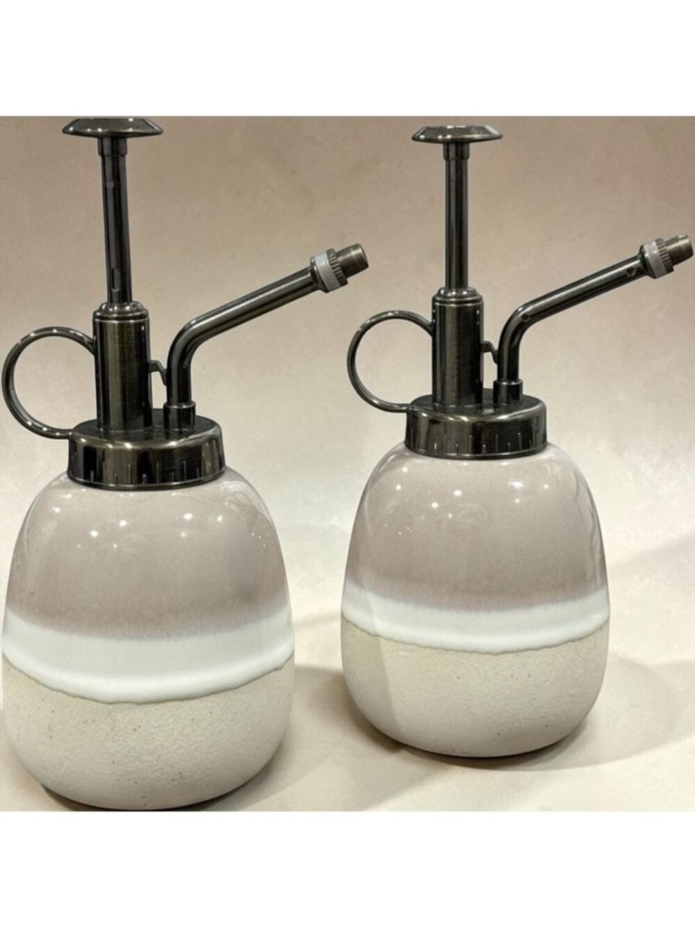 Ceramic Plant Mister Bottle Set With Stainless Steel Pump Beige Gradient Design